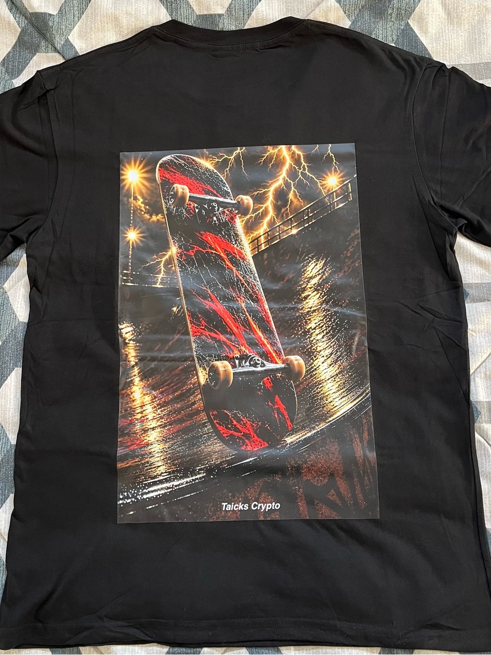 Black Skateboard Graphic Tee with Red Accents